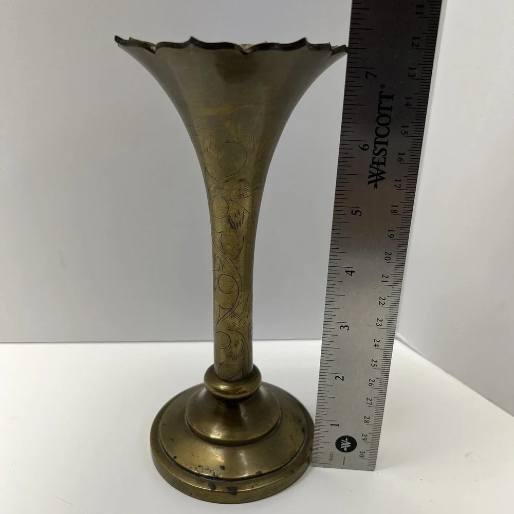 VTG Brass Or Brass Played Bud Etched Funnel Flutted Vade Shape Footed Boho Decor